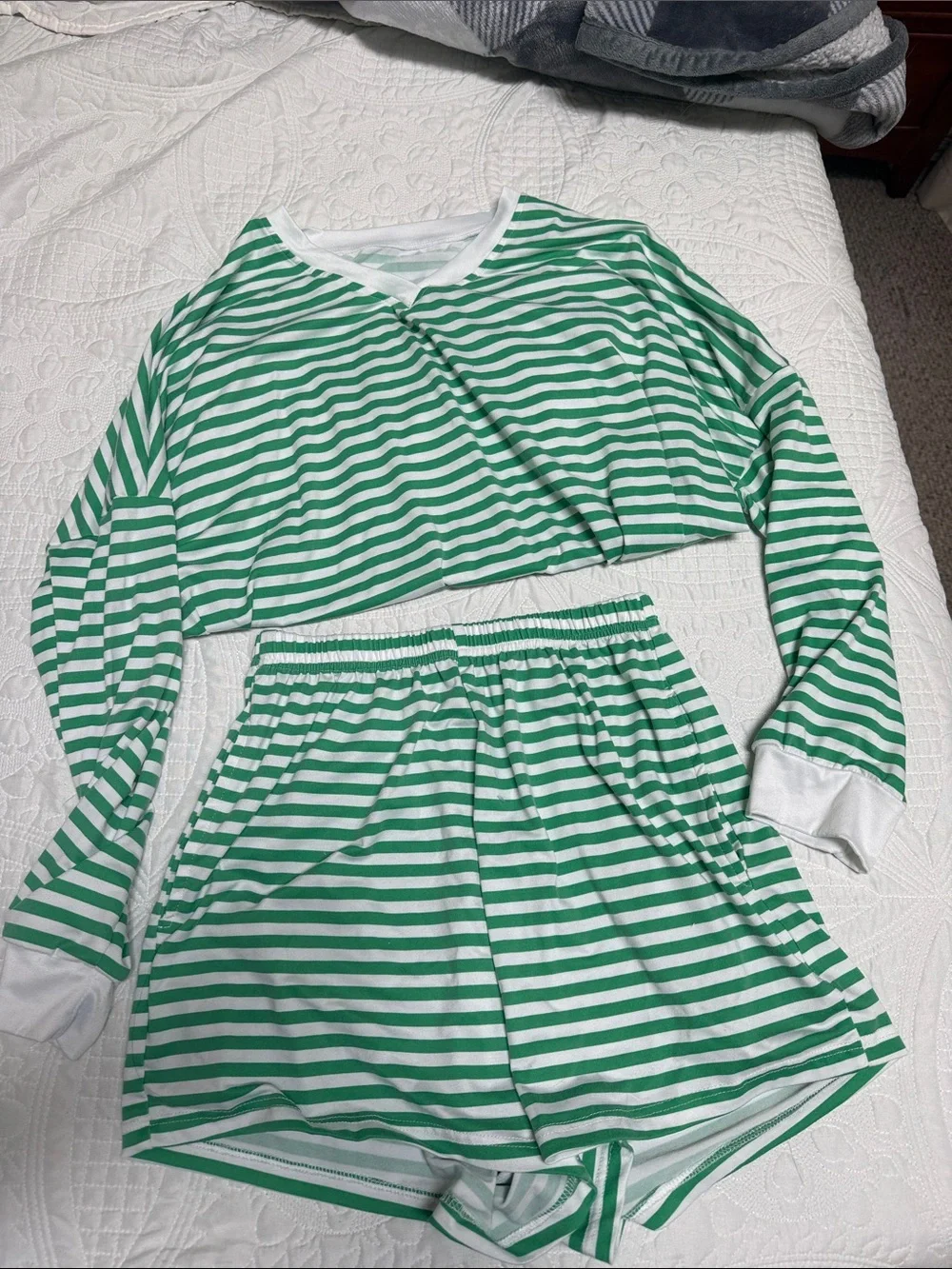 Women’s Green & White Striped Pajama Set - Long Sleeve Top & Shorts -